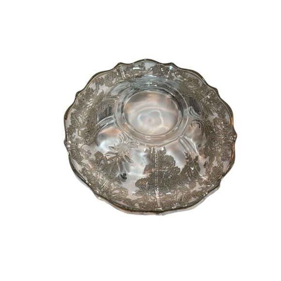 Vintage Silver Overlay Clear Glass Decorative Bowl With Floral Design & Scallope - Picture 2 of 11